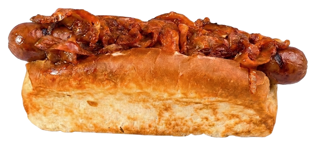 Loaded NYC Hot Dog with saucy caramelised onions