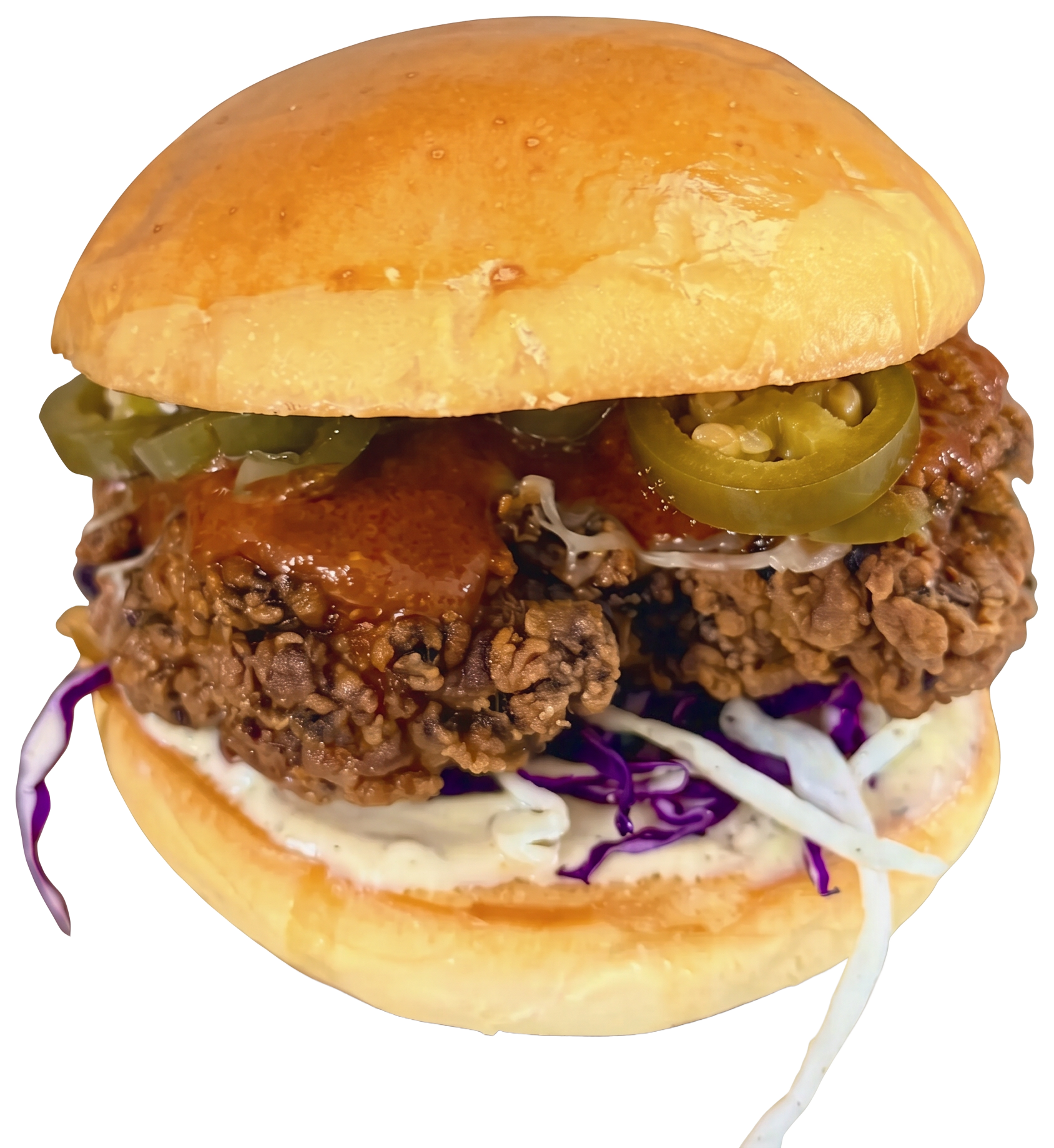 Miss Spicy crispy chicken burger with jalapeños and slaw